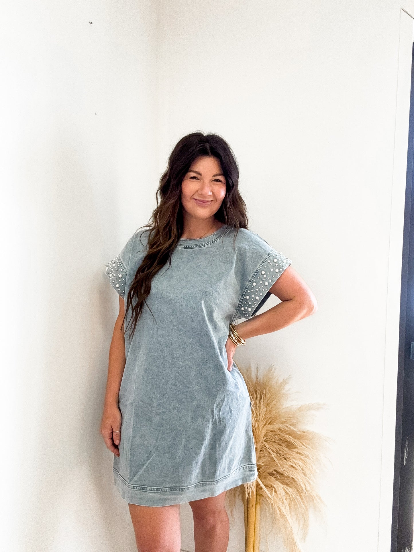 Pearl Pop Sleeve Denim Dress