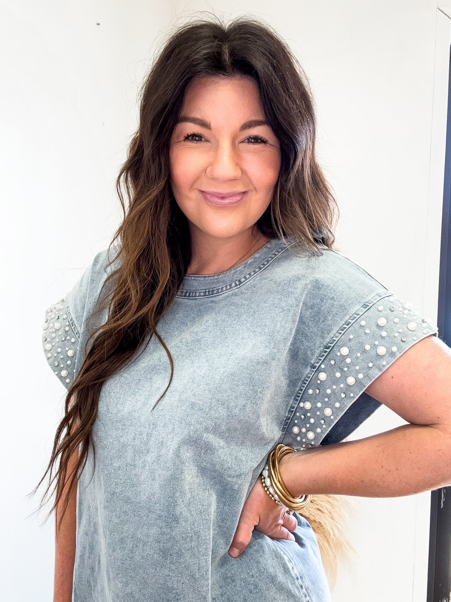 Pearl Pop Sleeve Denim Dress
