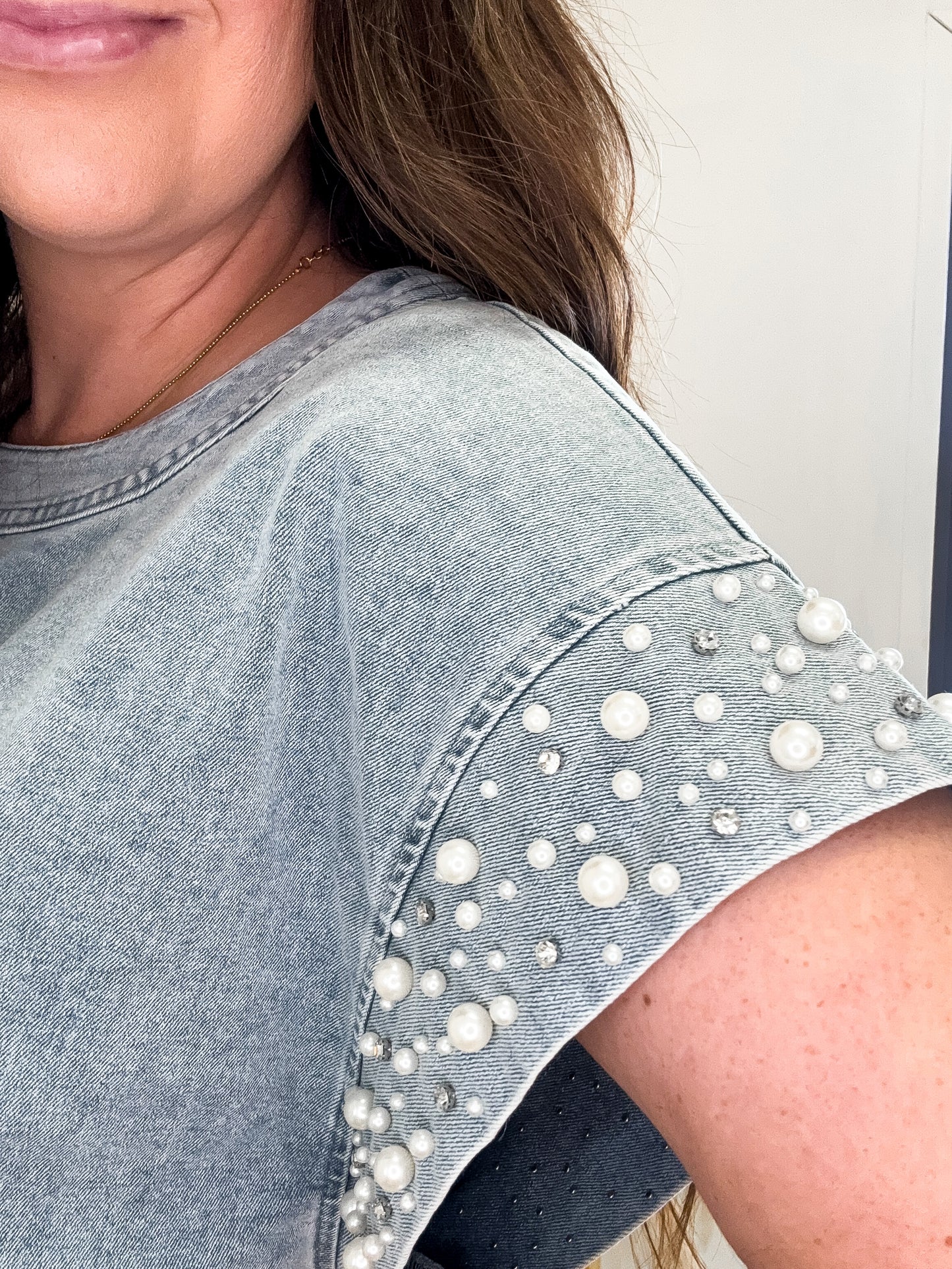 Pearl Pop Sleeve Denim Dress