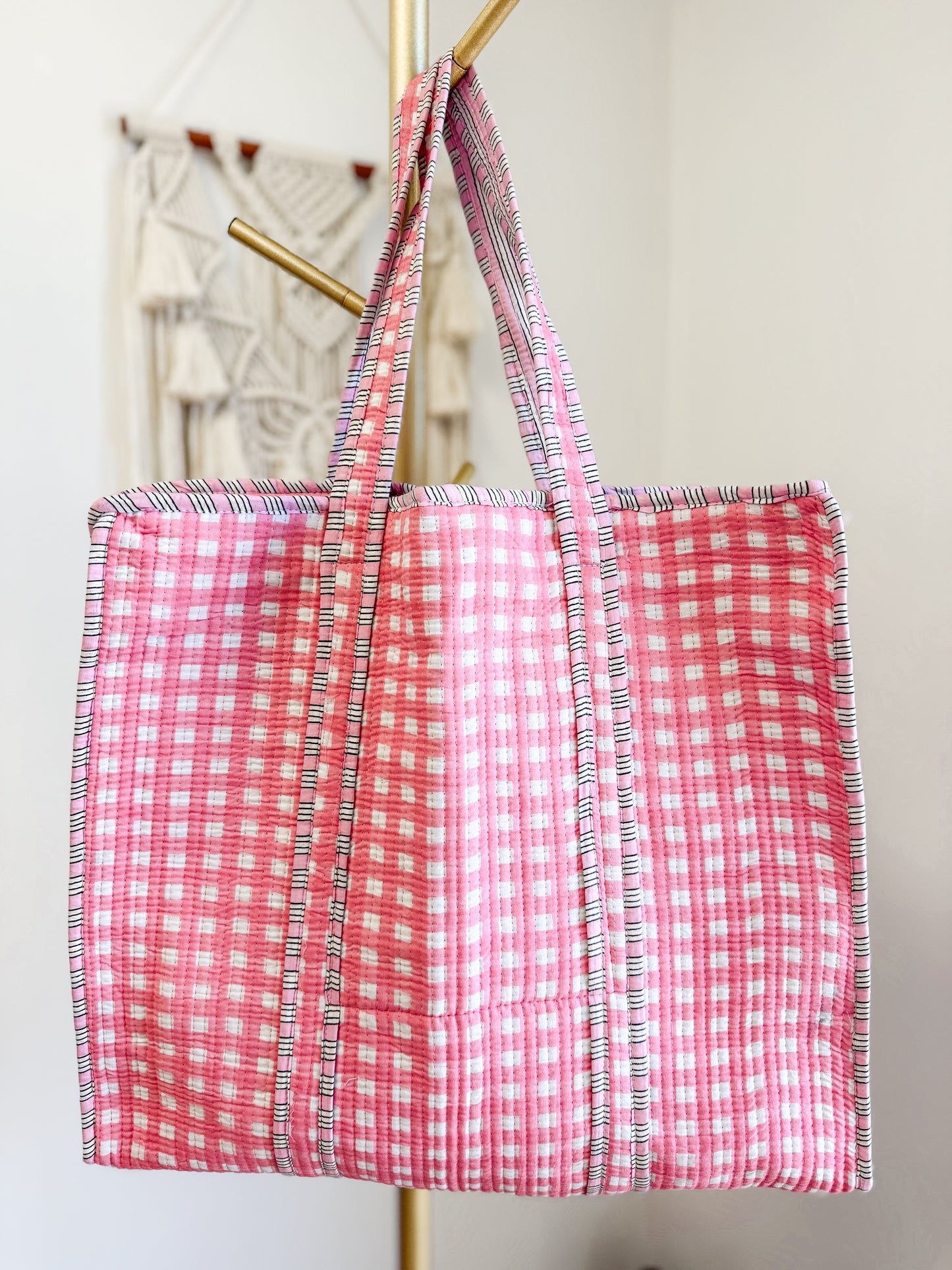 Pink Gingham Quilted Tote