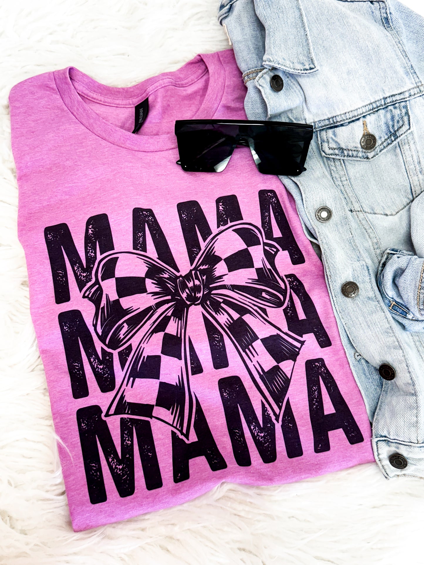 Mama Stacked Checkered Bow Tee
