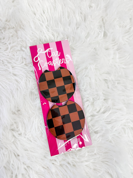 Brown Check Neoprene Car Coaster