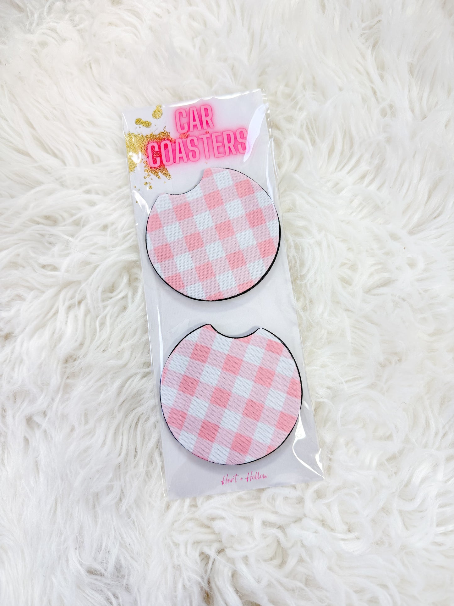 Pink Gingham Neoprene Car Coaster