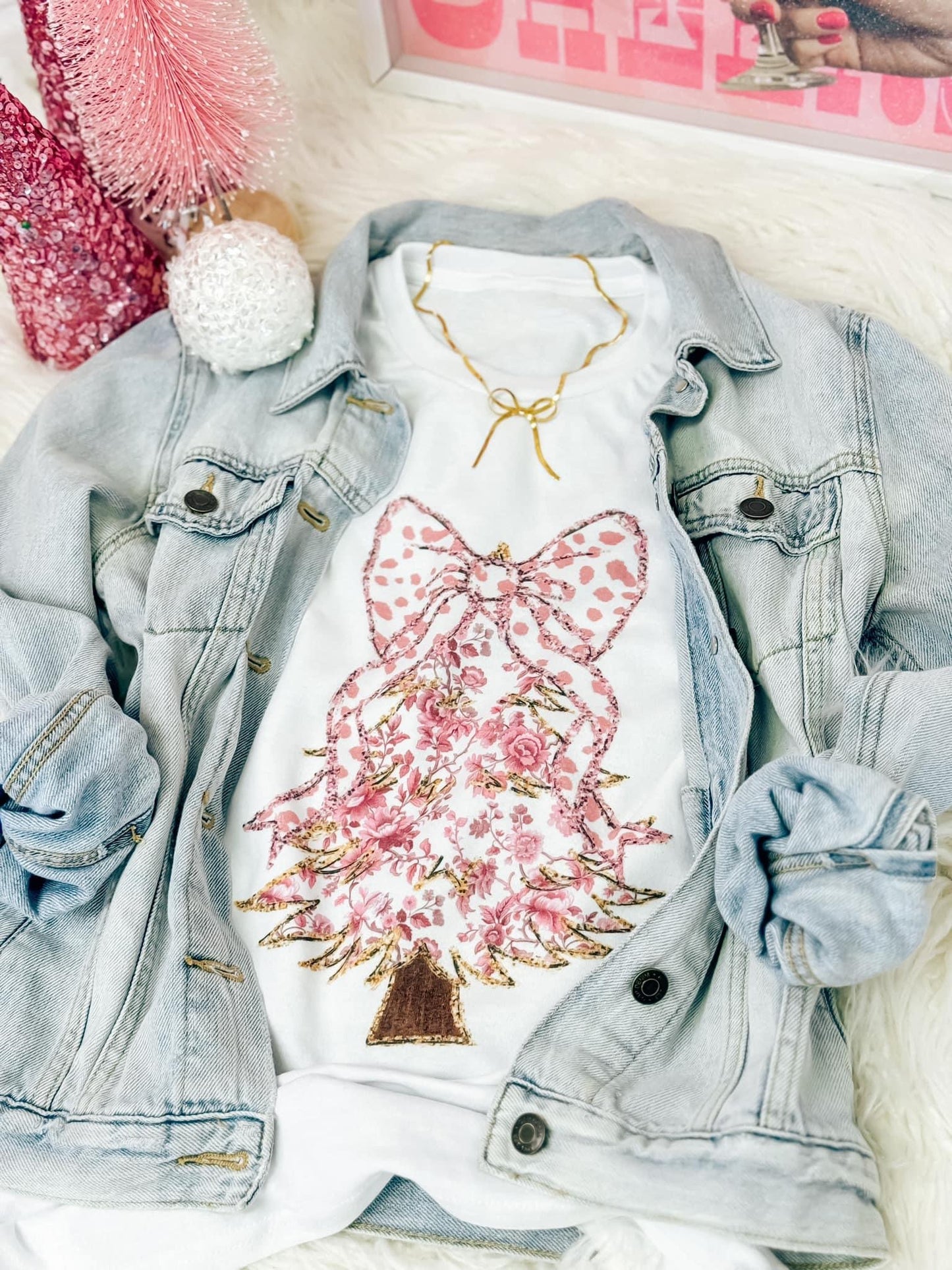 Pink Floral Christmas Tree With Pink Dotted Bow