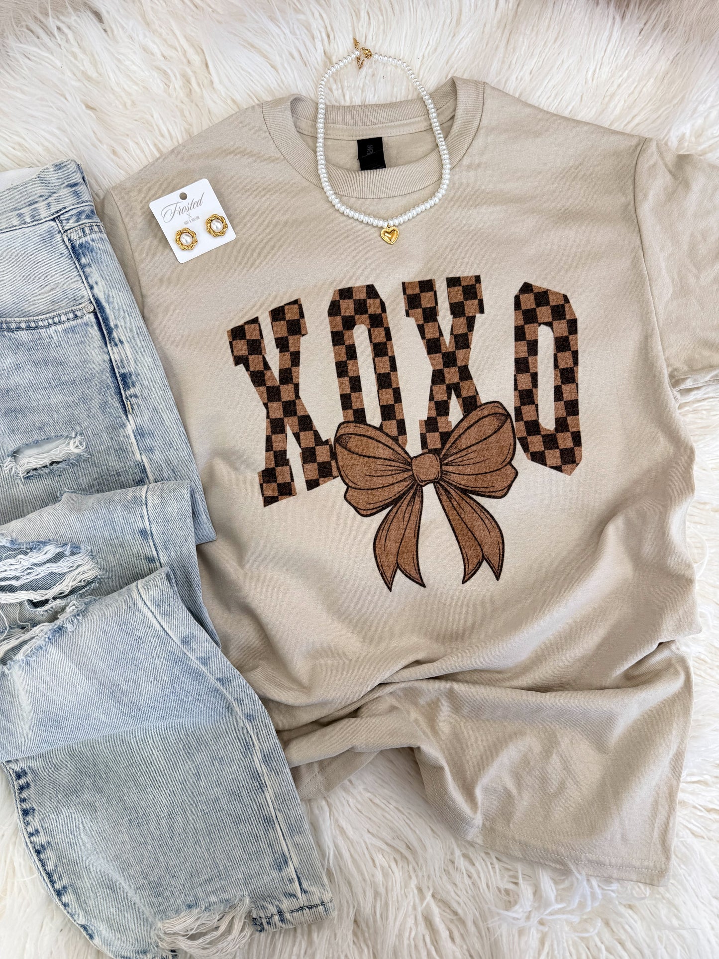 Brown Checkered XOXO Tee