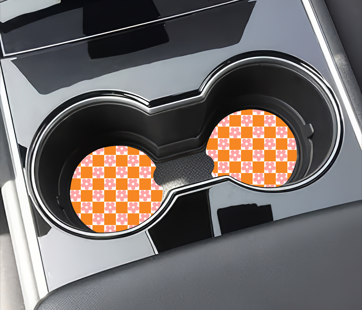 Pink/Orange Checkered Flower Car Coasters
