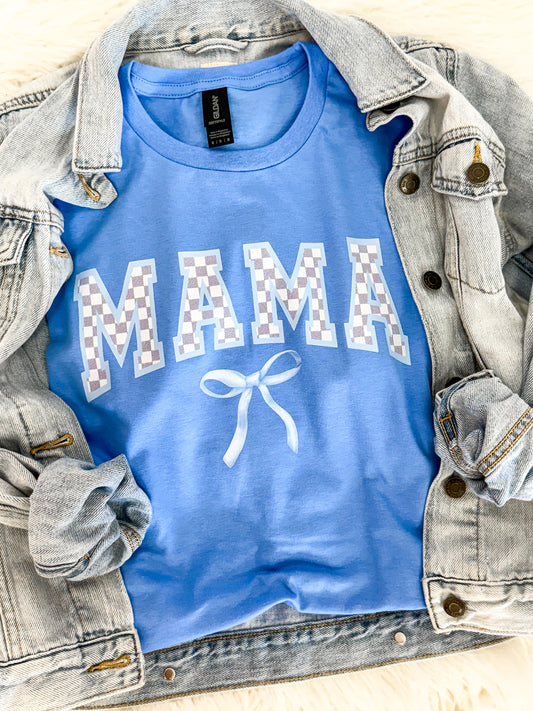 Mama Checkered Blue Bow Tee