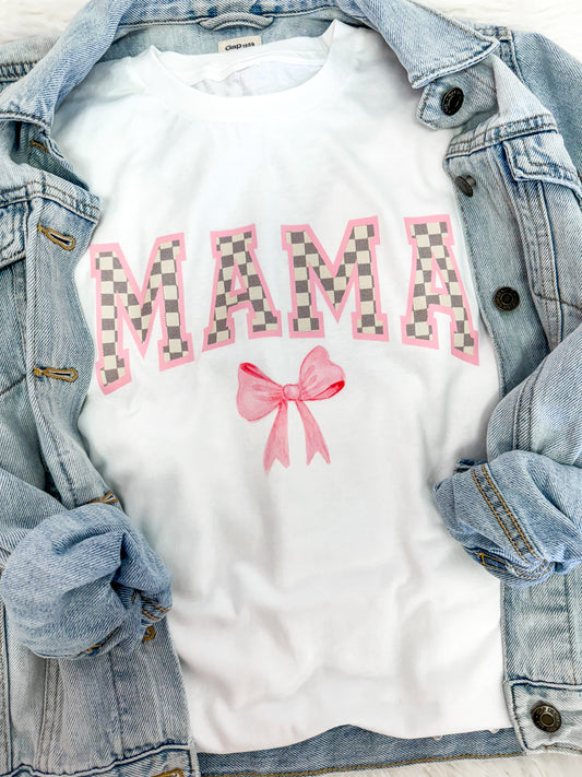 Mama Checkered Pink Bow Tee