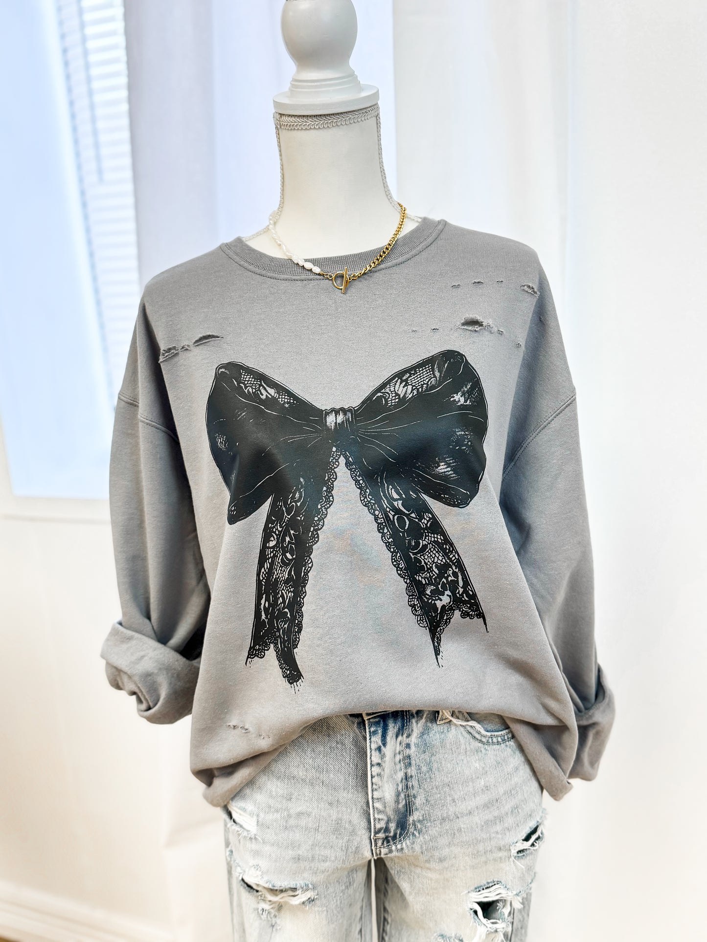 Lace Bow Distressed Sweatshirt