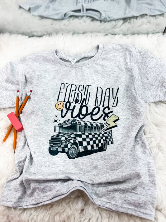 First Day Vibes Checkeded Bus Youth Tee