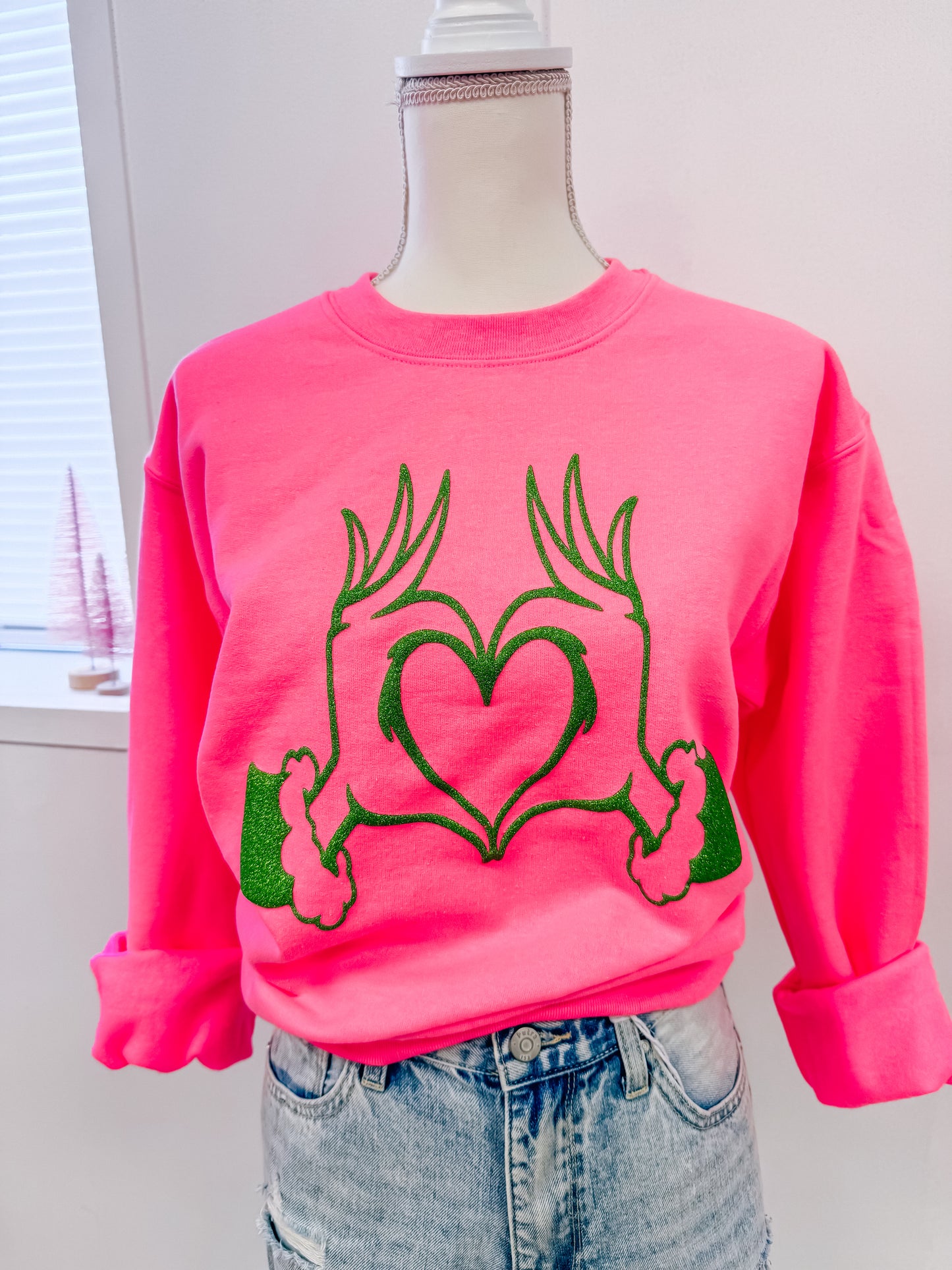 Gr*nch Heart Hands Glitter Puff Print Sweatshirt