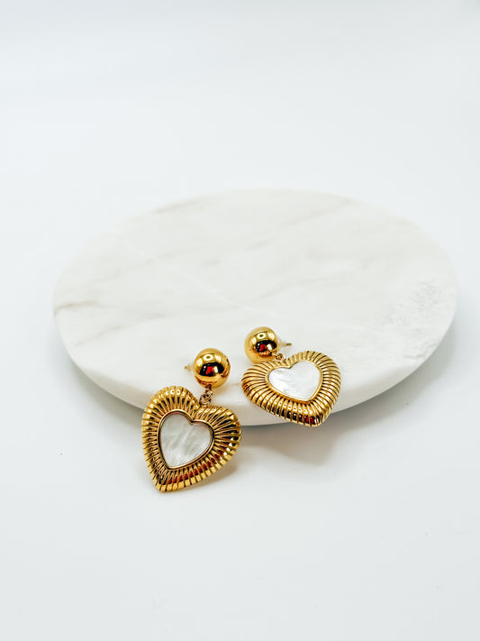 Golden Pearl Heart Earrings