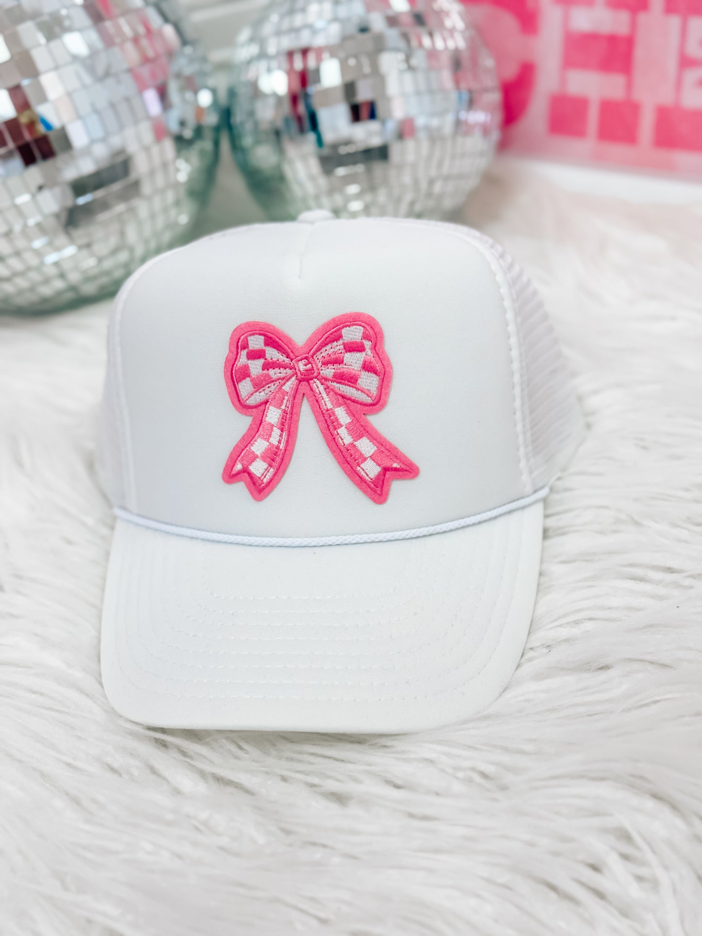 Pink Checkered Bow Trucker Hats