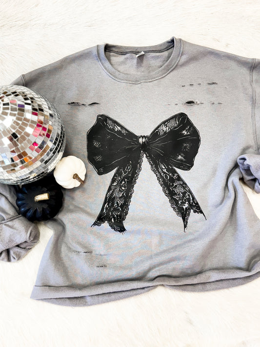 Lace Bow Distressed Sweatshirt