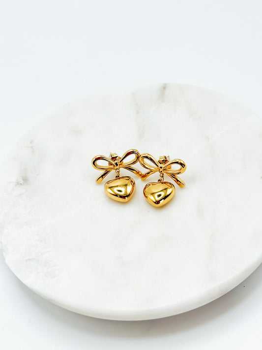 Golden Bow Heart Earrings