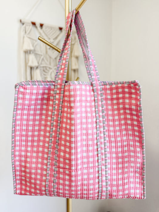 Pink Gingham Quilted Tote