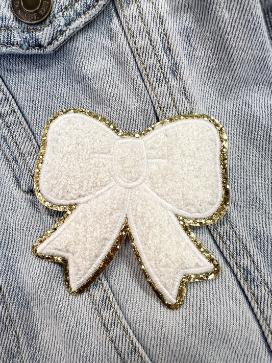 White Bow With Gold Trim Patch