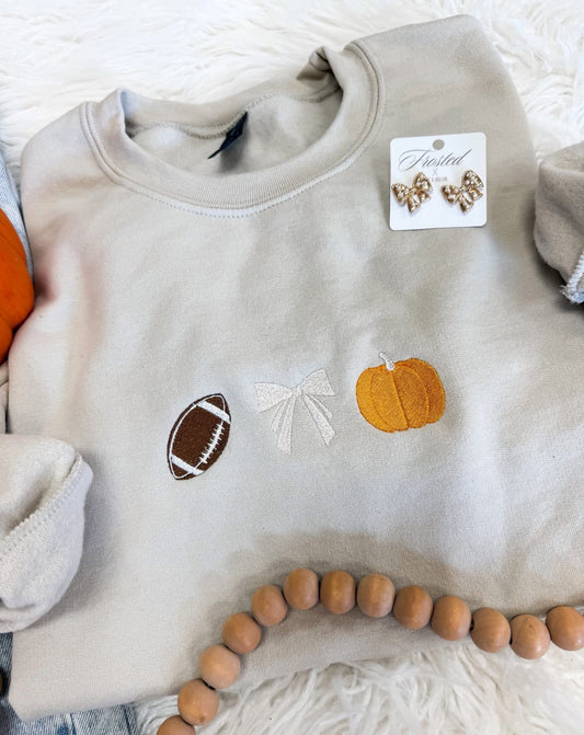 Football Bow Pumpkin Embroidered Sweatshirt