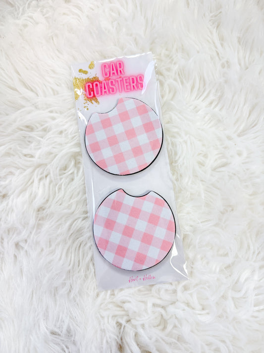 Pink Gingham Neoprene Car Coaster