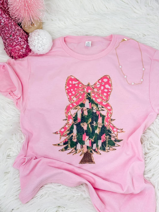 Green & Pink Brushstroke Christmas Tree With Pink Dotted Bow