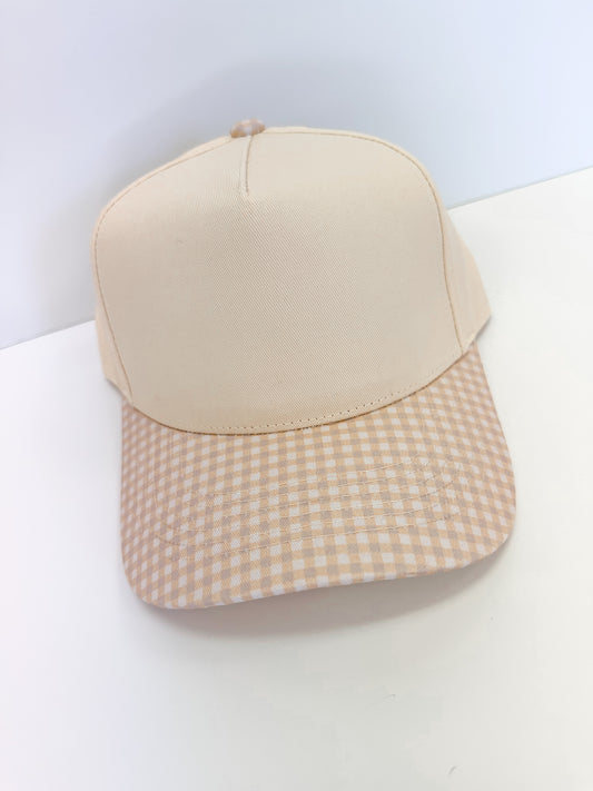 The Tan Gingham Trucker Hat