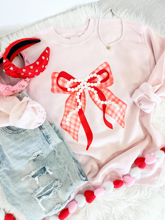 Gingham Pearl Bow Sweatshirt